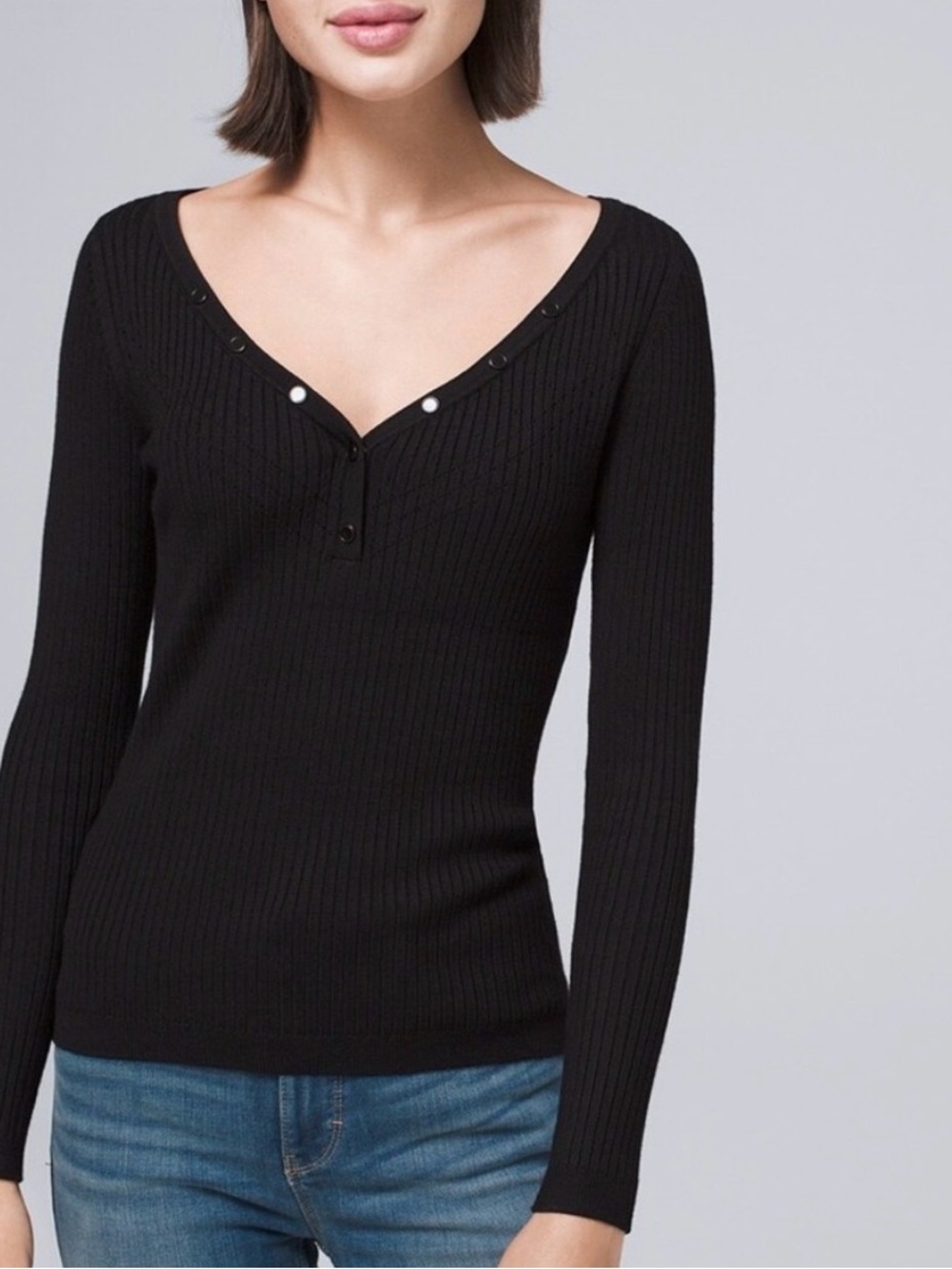 White House Black Market WHBM Black Ribbed Snap-Front Henley Sweater sz S